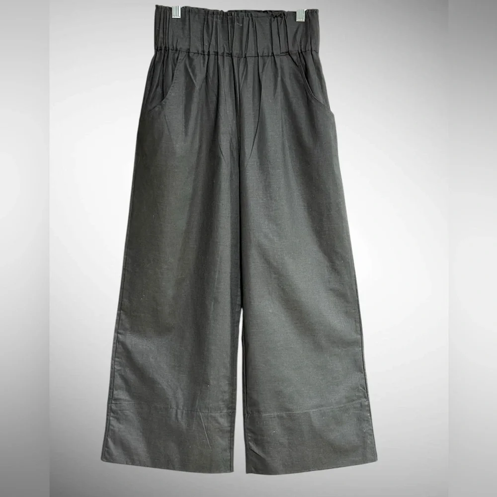 Kourt Flax Linen Crop Summer Pants Black Size Medium Wide Leg Crishelle - Picture 2 of 15